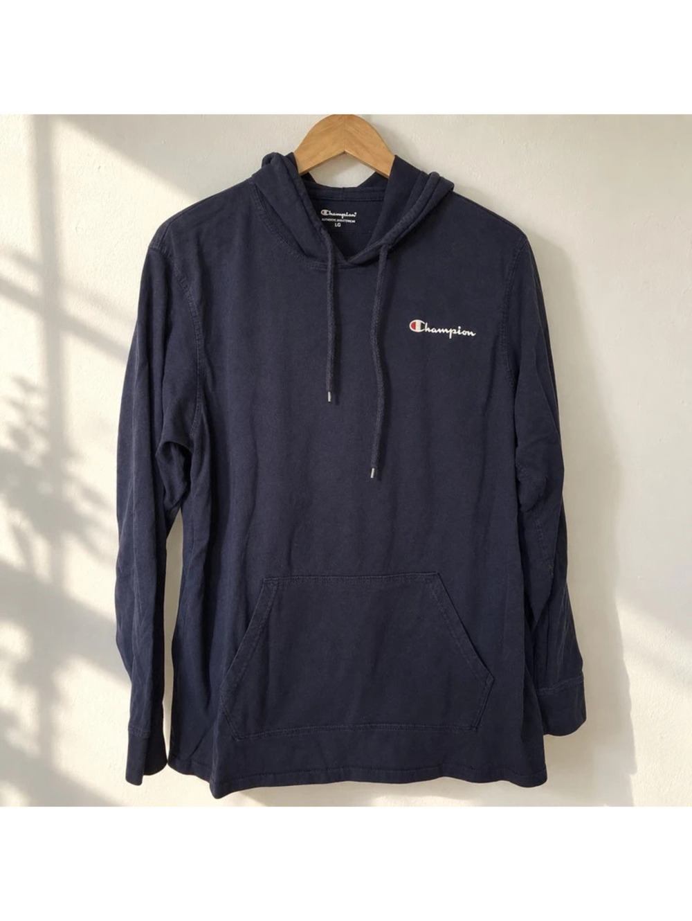 Champion Men's Navy Blue 100% Cotton Pullover Hoodie Logo Size L